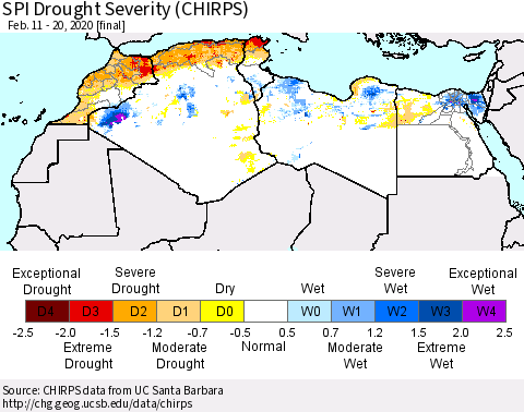 North Africa SPI Drought Severity (CHIRPS) Thematic Map For 2/11/2020 - 2/20/2020