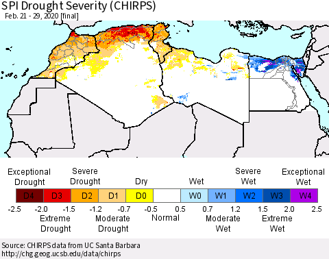 North Africa SPI Drought Severity (CHIRPS) Thematic Map For 2/21/2020 - 2/29/2020