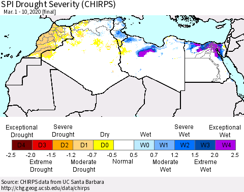 North Africa SPI Drought Severity (CHIRPS) Thematic Map For 3/1/2020 - 3/10/2020