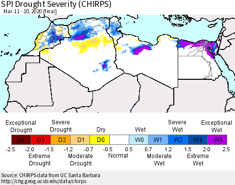 North Africa SPI Drought Severity (CHIRPS) Thematic Map For 3/11/2020 - 3/20/2020