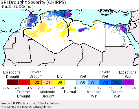 North Africa SPI Drought Severity (CHIRPS) Thematic Map For 3/21/2020 - 3/31/2020