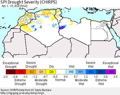 North Africa SPI Drought Severity (CHIRPS) Thematic Map For 4/1/2020 - 4/10/2020