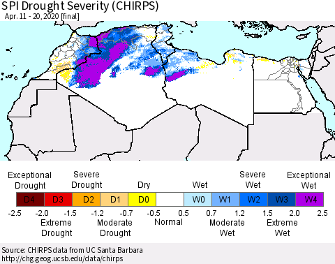 North Africa SPI Drought Severity (CHIRPS) Thematic Map For 4/11/2020 - 4/20/2020