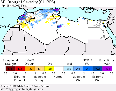 North Africa SPI Drought Severity (CHIRPS) Thematic Map For 4/21/2020 - 4/30/2020