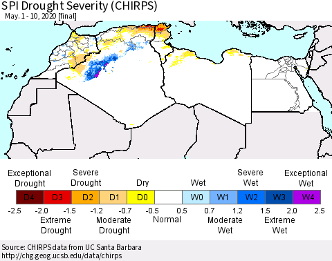 North Africa SPI Drought Severity (CHIRPS) Thematic Map For 5/1/2020 - 5/10/2020