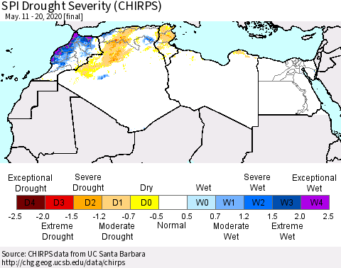 North Africa SPI Drought Severity (CHIRPS) Thematic Map For 5/11/2020 - 5/20/2020