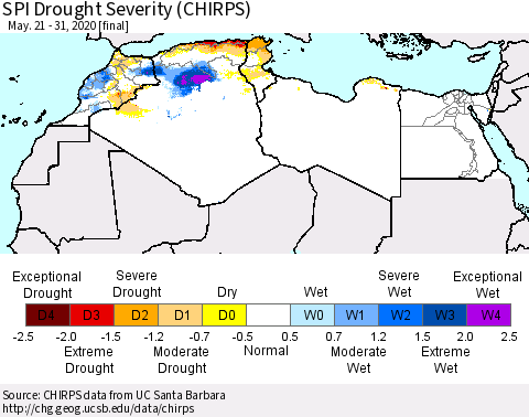 North Africa SPI Drought Severity (CHIRPS) Thematic Map For 5/21/2020 - 5/31/2020