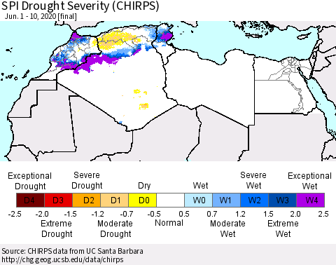 North Africa SPI Drought Severity (CHIRPS) Thematic Map For 6/1/2020 - 6/10/2020