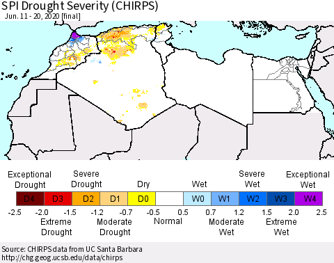North Africa SPI Drought Severity (CHIRPS) Thematic Map For 6/11/2020 - 6/20/2020