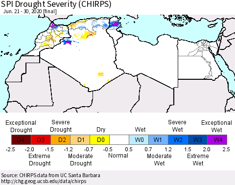North Africa SPI Drought Severity (CHIRPS) Thematic Map For 6/21/2020 - 6/30/2020