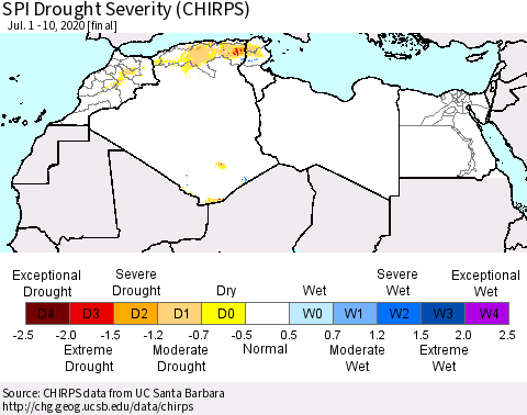 North Africa SPI Drought Severity (CHIRPS) Thematic Map For 7/1/2020 - 7/10/2020