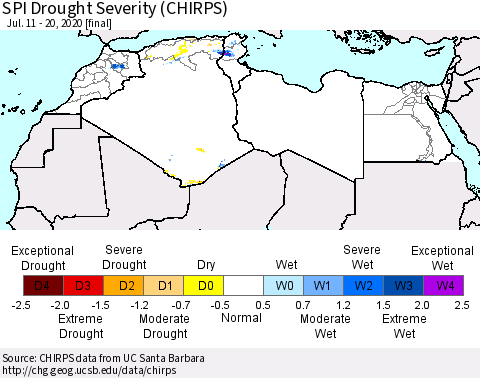 North Africa SPI Drought Severity (CHIRPS) Thematic Map For 7/11/2020 - 7/20/2020