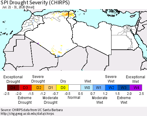 North Africa SPI Drought Severity (CHIRPS) Thematic Map For 7/21/2020 - 7/31/2020