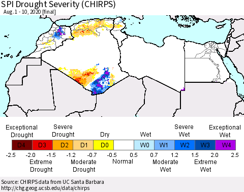 North Africa SPI Drought Severity (CHIRPS) Thematic Map For 8/1/2020 - 8/10/2020