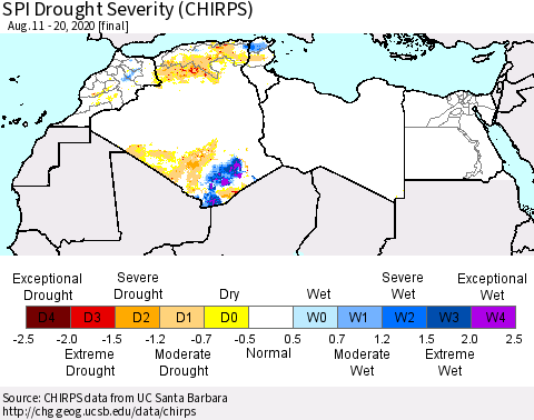 North Africa SPI Drought Severity (CHIRPS) Thematic Map For 8/11/2020 - 8/20/2020