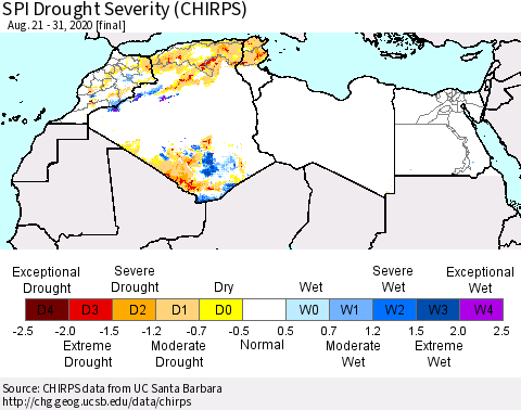 North Africa SPI Drought Severity (CHIRPS) Thematic Map For 8/21/2020 - 8/31/2020