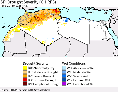 North Africa SPI Drought Severity (CHIRPS) Thematic Map For 9/21/2023 - 9/30/2023
