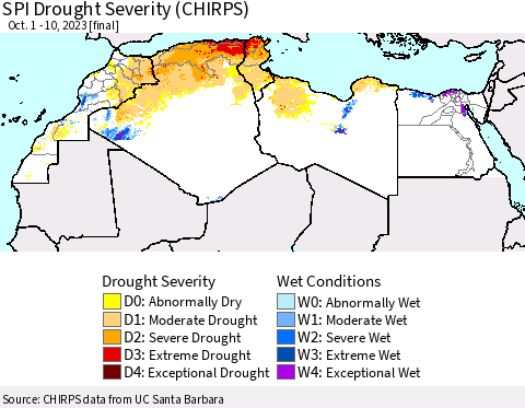 North Africa SPI Drought Severity (CHIRPS) Thematic Map For 10/1/2023 - 10/10/2023