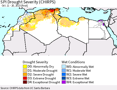 North Africa SPI Drought Severity (CHIRPS) Thematic Map For 10/11/2023 - 10/20/2023