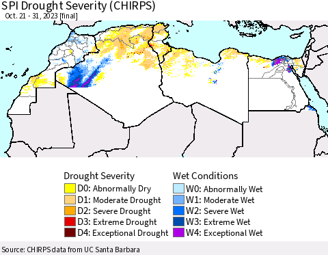 North Africa SPI Drought Severity (CHIRPS) Thematic Map For 10/21/2023 - 10/31/2023