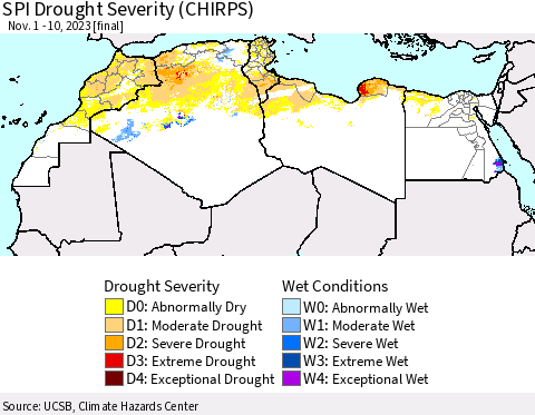 North Africa SPI Drought Severity (CHIRPS) Thematic Map For 11/1/2023 - 11/10/2023