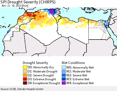 North Africa SPI Drought Severity (CHIRPS) Thematic Map For 11/21/2023 - 11/30/2023
