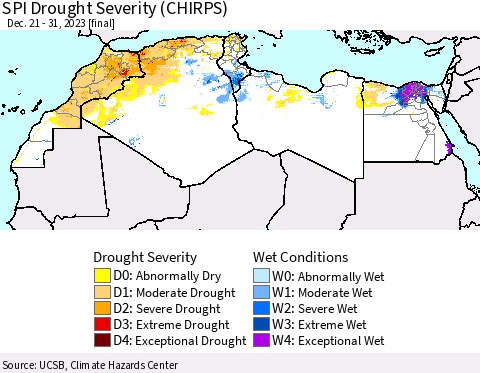 North Africa SPI Drought Severity (CHIRPS) Thematic Map For 12/21/2023 - 12/31/2023