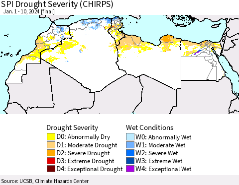 North Africa SPI Drought Severity (CHIRPS) Thematic Map For 1/1/2024 - 1/10/2024