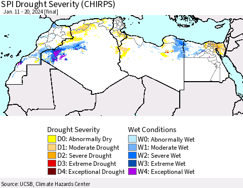 North Africa SPI Drought Severity (CHIRPS) Thematic Map For 1/11/2024 - 1/20/2024