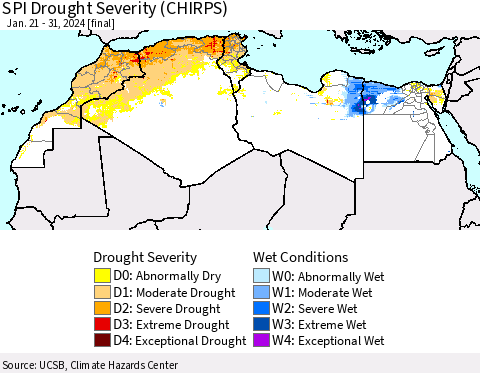 North Africa SPI Drought Severity (CHIRPS) Thematic Map For 1/21/2024 - 1/31/2024