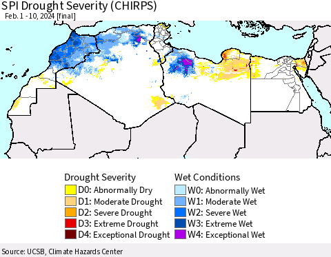 North Africa SPI Drought Severity (CHIRPS) Thematic Map For 2/1/2024 - 2/10/2024