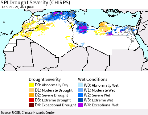 North Africa SPI Drought Severity (CHIRPS) Thematic Map For 2/21/2024 - 2/29/2024