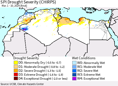 North Africa SPI Drought Severity (CHIRPS) Thematic Map For 3/1/2024 - 3/10/2024