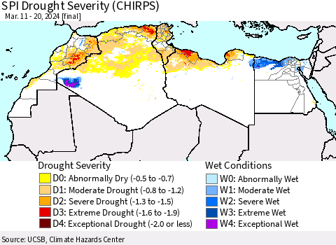 North Africa SPI Drought Severity (CHIRPS) Thematic Map For 3/11/2024 - 3/20/2024