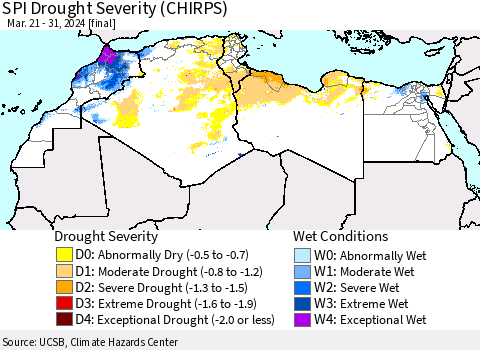 North Africa SPI Drought Severity (CHIRPS) Thematic Map For 3/21/2024 - 3/31/2024