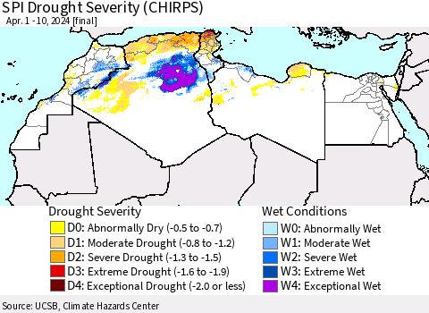 North Africa SPI Drought Severity (CHIRPS) Thematic Map For 4/1/2024 - 4/10/2024