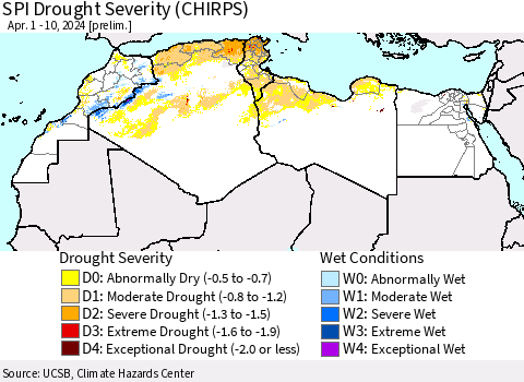 North Africa SPI Drought Severity (CHIRPS) Thematic Map For 4/1/2024 - 4/10/2024