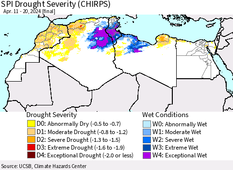 North Africa SPI Drought Severity (CHIRPS) Thematic Map For 4/11/2024 - 4/20/2024