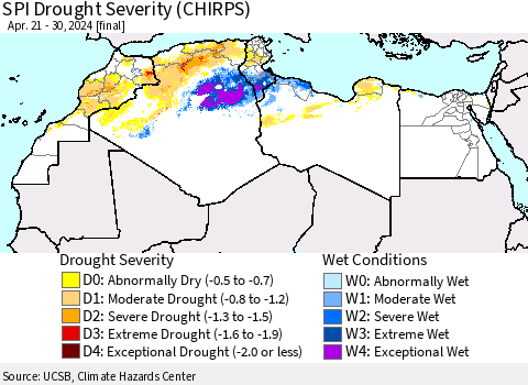 North Africa SPI Drought Severity (CHIRPS) Thematic Map For 4/21/2024 - 4/30/2024