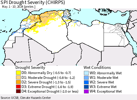 North Africa SPI Drought Severity (CHIRPS) Thematic Map For 5/1/2024 - 5/10/2024