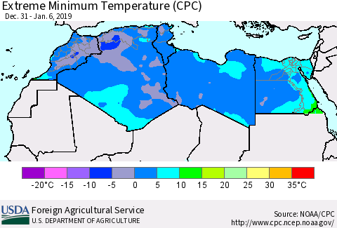 North Africa Minimum Daily Temperature (CPC) Thematic Map For 12/31/2018 - 1/6/2019