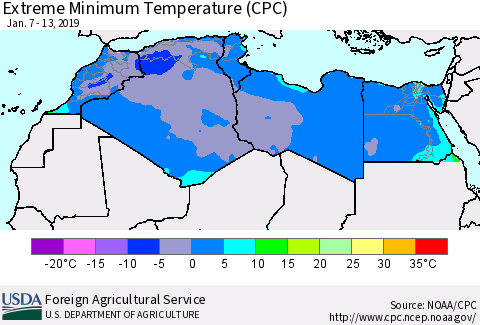 North Africa Minimum Daily Temperature (CPC) Thematic Map For 1/7/2019 - 1/13/2019