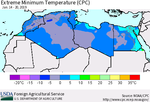 North Africa Minimum Daily Temperature (CPC) Thematic Map For 1/14/2019 - 1/20/2019