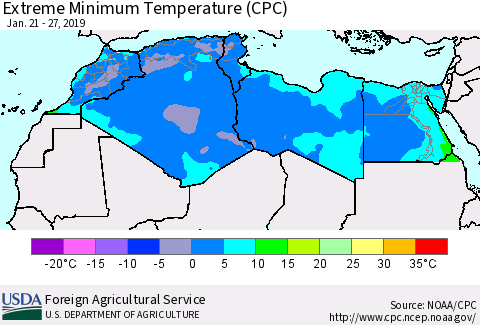North Africa Minimum Daily Temperature (CPC) Thematic Map For 1/21/2019 - 1/27/2019