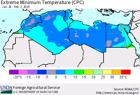 North Africa Minimum Daily Temperature (CPC) Thematic Map For 1/28/2019 - 2/3/2019