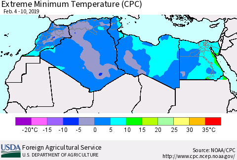 North Africa Minimum Daily Temperature (CPC) Thematic Map For 2/4/2019 - 2/10/2019