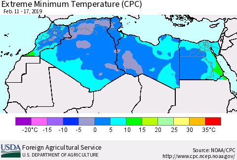North Africa Minimum Daily Temperature (CPC) Thematic Map For 2/11/2019 - 2/17/2019