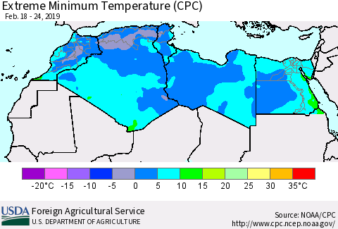 North Africa Minimum Daily Temperature (CPC) Thematic Map For 2/18/2019 - 2/24/2019
