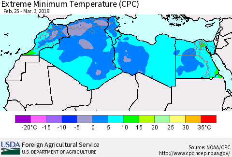 North Africa Minimum Daily Temperature (CPC) Thematic Map For 2/25/2019 - 3/3/2019
