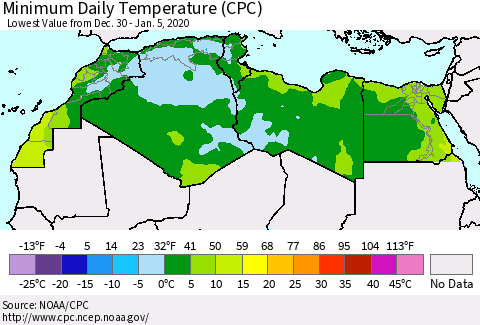 North Africa Minimum Daily Temperature (CPC) Thematic Map For 12/30/2019 - 1/5/2020